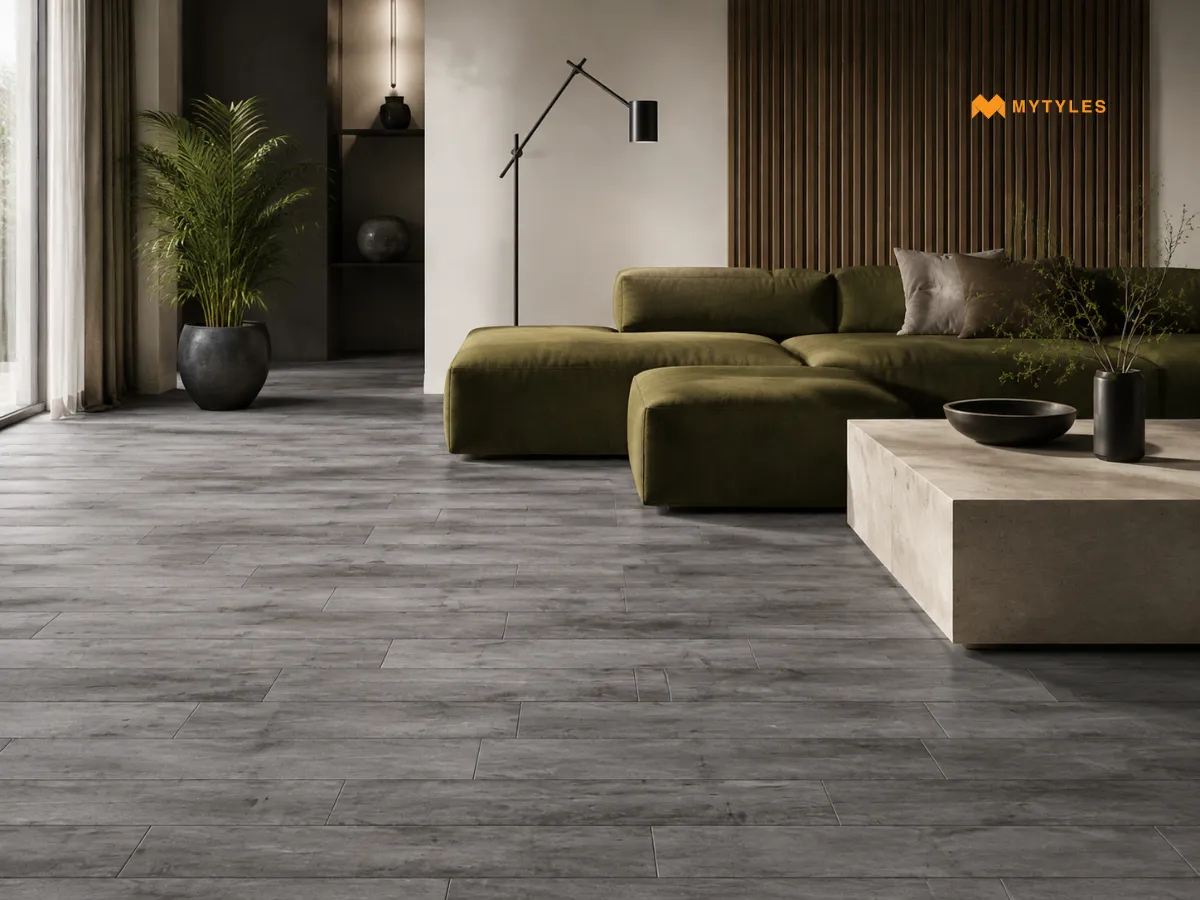 Charcoal Grey Wooden Tiles In Living Room